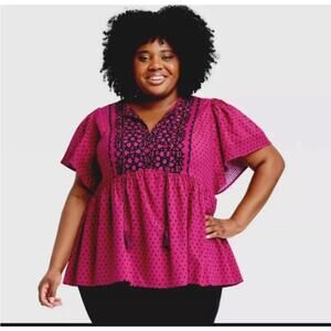 Knox Rose Magenta Black Flutter Sleeve Short Sleeve V-Neck Size XL